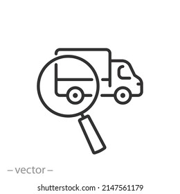 Truck Technical Inspection Icon, Magnifying Glass With Vehicle, Auto Search Or Check, Thin Line Symbol On White Background - Editable Stroke Vector Illustration