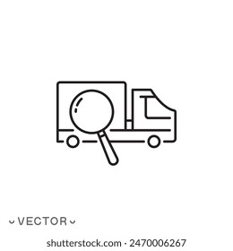 truck technical inspection icon, magnifying glass with vehicle, auto search or check, thin line symbol isolated on white background, editable stroke eps 10 vector illustration