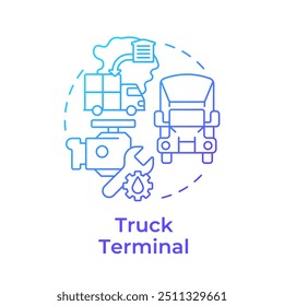 Truck Terminal blaue Farbverlauf-Konzept-Symbol. Industrieller Gebäudetyp. Dock wird geladen. Nabentransport. Runde Liniendarstellung. Abstrakte Idee. Grafikdesign. Einfach in der Broschüre zu verwenden