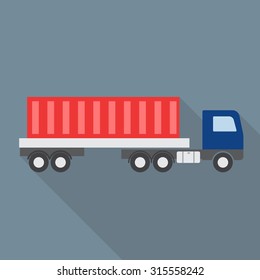 Truck with text flat icon with long shadow. Transportation,delivery,business.