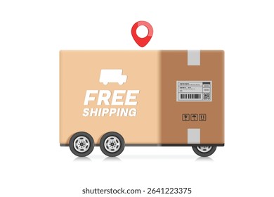 Truck that looks like a parcel box or cardboard box is driving to deliver goods to customers at the red pin location, vector 3d isolated for E commerce, delivery, online shopping, logistics concept