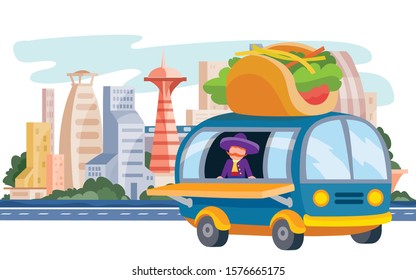truck that sells street food, tacos, fast food, stands on the background of the big city, vector illustration