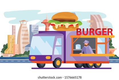 a truck that sells street food, a hamburger, cheeseburger, fast food, stands on the background of a big city, vector illustration