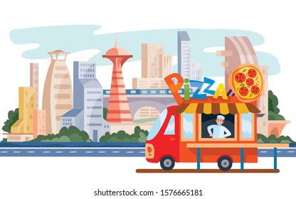 truck that sells street food, pizza, fast food, stands on the background of the big city, vector illustration