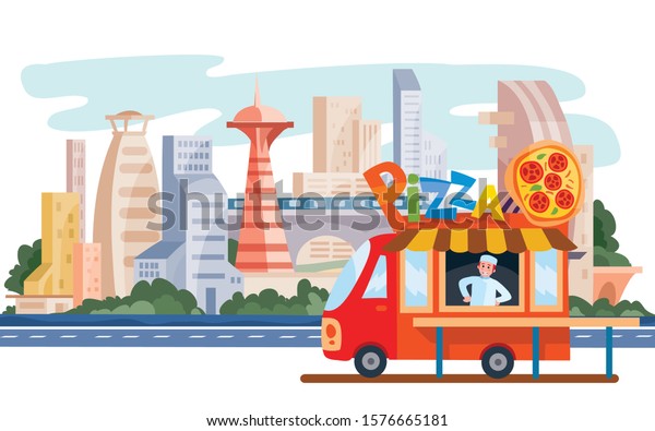 truck that sells\
street food, pizza, fast food, stands on the background of the big\
city, vector\
illustration