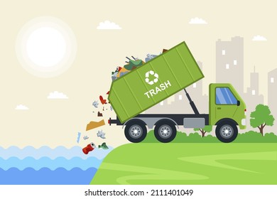 Truck Throws Garbage Into The River. Water Pollution By Urban Waste. Flat Vector Illustration.