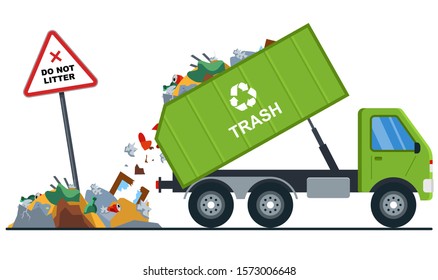 truck throws garbage in the wrong place. pollution of nature. flat vector illustration