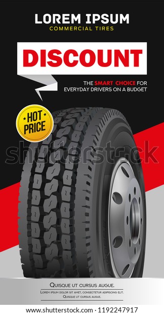 Truck tire car advertisement poster. Black rubber
truck. Realistic vector shining disk car wheel tyre. Information.
Store. Action.Web poster, digital banner, flyer, booklet, brochure
and web design.