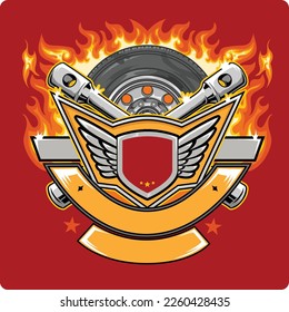 truck tire logo design with lock and fire in background