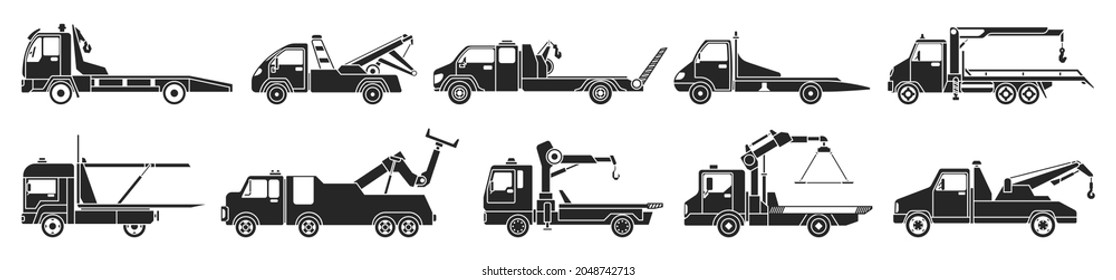 Truck tow isolated black set icon. Vector illustration evacuator on white background. Vector black set icon truck tow.