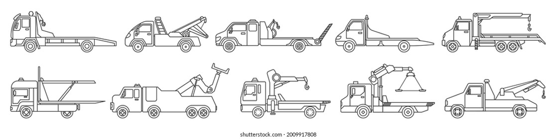 Truck tow isolated outline set icon. Vector illustration evacuator on white background. Vector outline set icon truck tow.