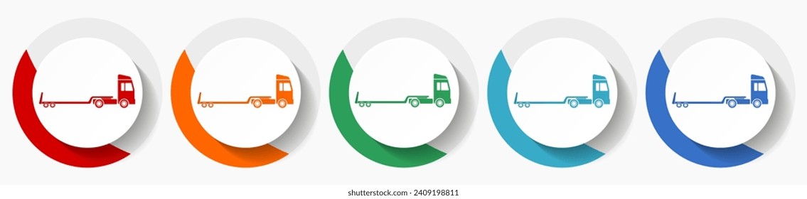 Truck with tow trailer, long vehicle conept vector icon set, flat icons for logo design, webdesign and mobile applications, colorful round buttons