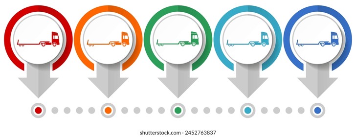 Camión con remolque de remolque, conjunto de iconos de Vector de concepto de vehículo largo, Plantilla infográfica de diseño plano, conjunto de iconos de concepto de puntero en 5 opciones de color para diseño web y aplicaciones móviles