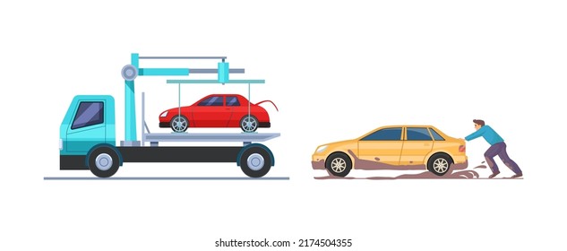 Truck Towing Damaged Car, Man Pushing Broken Car. Tow Truck Transporting Red Car After Road Accident. Male Driver Pushing Vehicle At Repair Service, Gas Station. Transportation Of Machines In Service