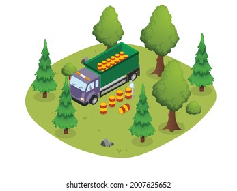 Truck With Toxic Waste In Forest Isometric 3d Vector Concept For Banner, Website, Illustration, Landing Page, Flyer, Etc.