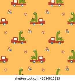 Truck toy dinosaur cartoon so cute. On ball yellow background. Pattern seamless vector illustration. 