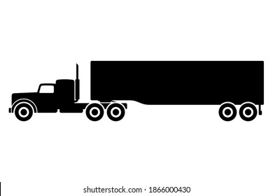 Truck tractor icon. Heavy truck with semi-trailer. Black silhouette. Side view. Vector flat graphic illustration. The isolated object on a white background. Isolate.