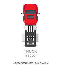 Truck tractor on red car service means of transportation isolated on white. Vector city transport icon, trailer for carriage cargos modern delivery transport item, top view on car in cartoon style