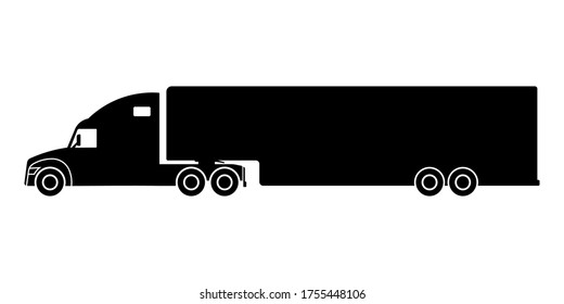 Truck tractor with semitrailer icon. Black silhouette. Side view. Vector flat graphic illustration. Isolated object on a white background. Isolate.