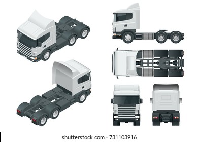 Truck tractor or semi-trailer truck. View front, rear, side, top and isometry front, back.. Cargo delivering vehicle template vector isolated on white