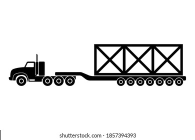 Truck Tractor Trawl Icon. A Vehicle For The Transportation Of Oversized Heavy Loads. Black Silhouette. Side View. Vector Flat Graphic Illustration. The Isolated Object On A White Background. Isolate.