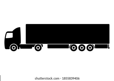 Truck tractor unit with semi-trailer icon. Black silhouette. Side view. Vector flat graphic illustration. The isolated object on a white background. Isolate.