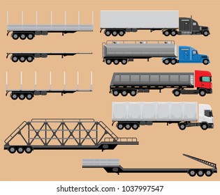 Truck tractors and trailers, set of illustrations