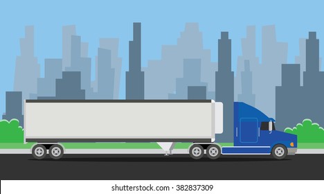 truck trailer blue transportation on the highway with city background