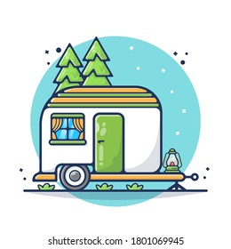 Truck Trailer for Camping Vector Illustration. Chill, Relax, Nature, Tent, Vacations.  Flat Cartoon Style Suitable for Sticker, Wallpaper, Icon, Landing Page, Web.
