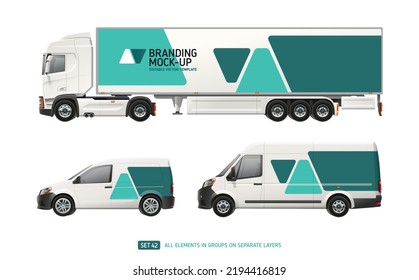 Truck Trailer, Cargo Van, Company Car with abstract brand identity design - editable mock-up set. Abstract geometric graphics design for company branding. Delivery Transport advertising