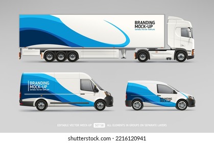 Truck Trailer, Cargo Van, Company Car with abstract brand identity design - mock-up set. Abstract geometric graphics design for company Car. Branding vehicle. Editable Vector Mockup