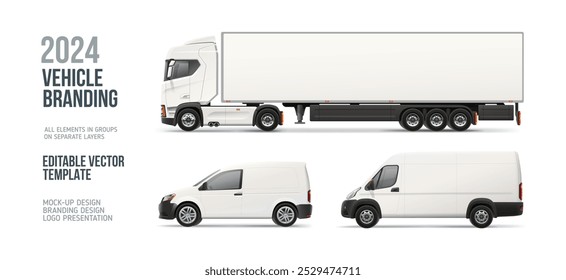 Avance de camión, camioneta de carga, coche de entrega - maqueta en blanco de Vector sobre fondo blanco. Conjunto de vehículos de entrega para su diseño de marca e identidad corporativa. Anuncio Horizontal en blanco del ANUNCIO en coche