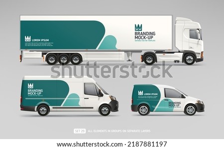 Truck Trailer, Cargo Van, Freight Car with abstract brand identity design - realistic mock-up set. Abstract geometric graphics design for company branding on delivery Transport. Editable Vector Mockup