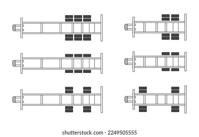 Truck trailer chassis and wheel type set, top view,  vector line 