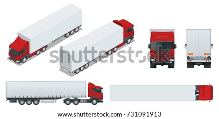 Truck trailer with container. Car for the carriage of goods. Cargo delivering vehicle template vector isolated on white View front, rear, side, top and isometry front, back.