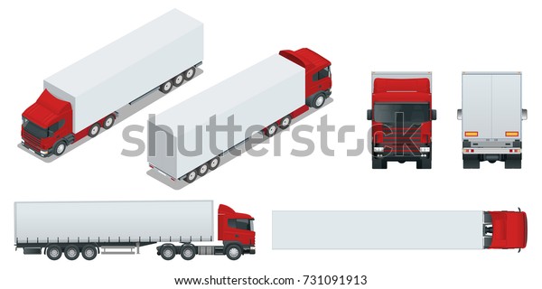 コンテナ付きトラックトレーラー 商品を運ぶ車 白いビューの前面 背面 側面 上面 およびアイソメトリックの前面 背面に車両のテンプレートベクター画像を配送します のベクター画像素材 ロイヤリティフリー