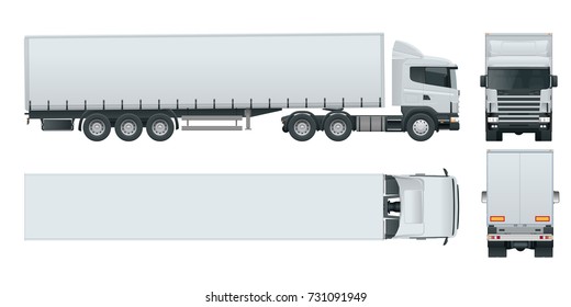 Truck trailer with container. Cargo delivering vehicle template vector isolated on white View front, rear, side, top. Car for the carriage of goods.