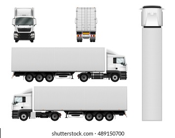 Truck trailer with container vector template for car branding and advertising. Semi truck set on white background. Cargo delivery vehicle. View from side, front, back and top.