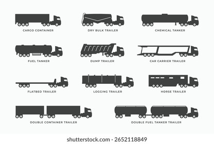 Conjunto de ícones do trailer do caminhão. Tipo de reboque e modelos simples símbolo plano ícone de logotipo ilustração vetor. Variantes da silhueta do corpo do semirreboque do caminhão