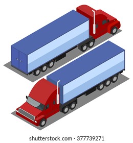 Truck Trailer illustration.  Truck shown an isometric view of the two sides. Red heavy truck.