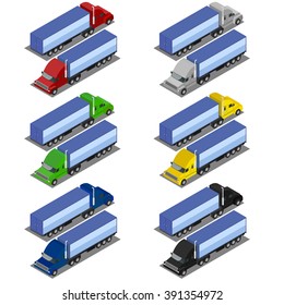 Truck Trailer illustration. vector illustration isometric lorry. Set trucks in various colors. Truck on both sides.