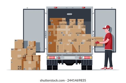 Truck trailer rear view loaded with cardboard boxes. Delivery van with pile of boxes. Express delivering services commercial truck. Fast and free delivery. Cargo logistic. Flat vector illustration