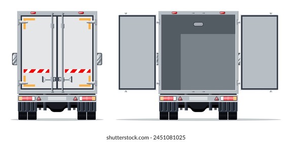 Truck trailer rear view side with closed and open doors. Delivery van isolated. Express delivering services commercial truck. Fast and free delivery by car. Cargo logistic. Flat vector illustration