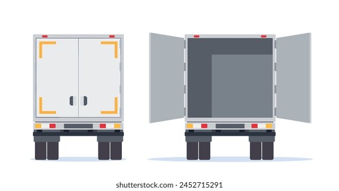 LKW-Anhänger Rückansicht Seite mit geschlossenen und offenen Türen. Lieferwagen isoliert. Express-Lieferdienst-Nutzfahrzeug. Schnelle und kostenlose Lieferung mit dem Auto. Vektorillustration im flachen Stil