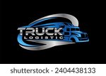 truck trailer transport logistics, delivery, express, cargo company, design template logo illustration isolated on dark background