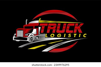 truck trailer transport logistics, delivery, express, cargo company, fast shipping, design template logo illustration silhouette, emblem isolated on dark background, black