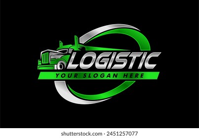 LKW Anhänger Transport Logistik, Lieferung, Express, Frachtunternehmen, Design Vorlage Logo Emblem Illustration Silhouette auf schwarzem Hintergrund isoliert