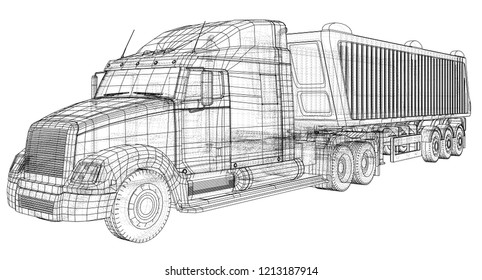 Truck with trailer vector. Isolated on white. Vehicle mockup. Created illustration of 3d. Wire-frame.
