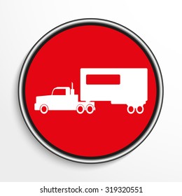 Truck with trailer. White vector icon on a red background.