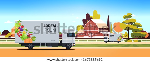 truck trailers with organic vegetables on\
country road natural vegan farm food delivery service vehicle with\
fresh veggies farmland countryside background horizontal vector\
illustration